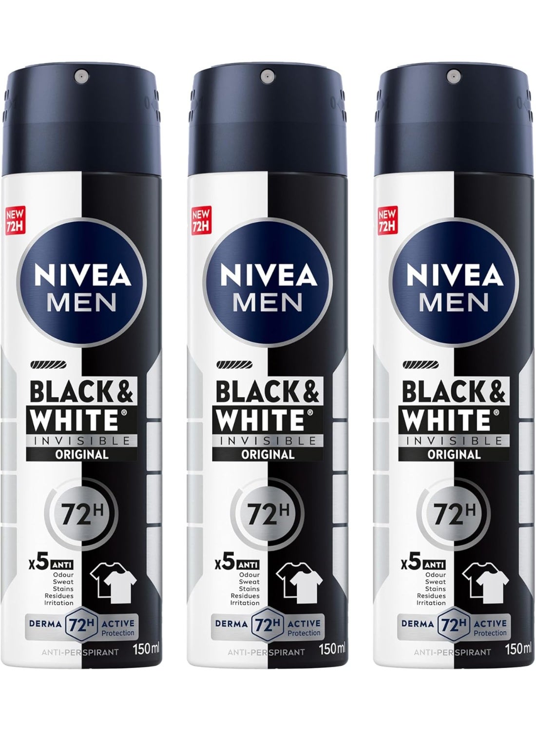 NIVEA MEN Antiperspirant Spray for Men, Black & White Invisible Protection Original, 3x150ml
